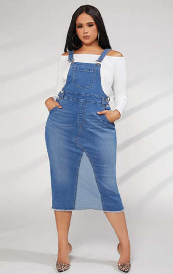 Split Hem Denim Overall Dress Without Top Medium Wash/3XL