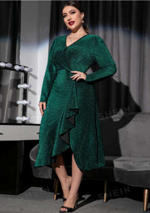 Ruffle Trim Draped Contrast Binding Glitter Dress Dark Green
