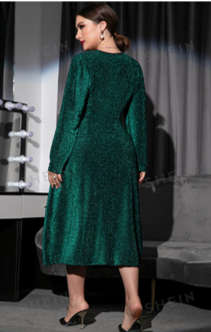 Ruffle Trim Draped Contrast Binding Glitter Dress Dark Green