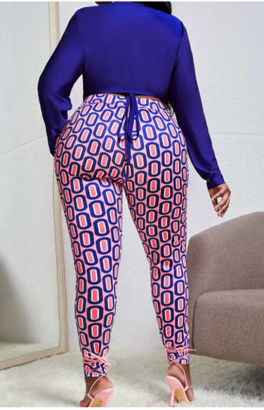 Surplice Necktie Back Crop Top & All-over Letter Graphic Leggings Multicolour/2XL