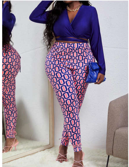 Surplice Necktie Back Crop Top & All-over Letter Graphic Leggings Multicolour/2XL