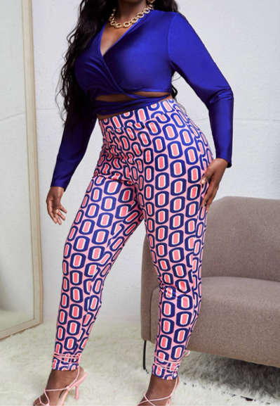 Surplice Necktie Back Crop Top & All-over Letter Graphic Leggings Multicolour/2XL