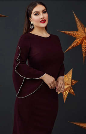 Contrast Binding Trumpet Sleeve Slit Back Dress  Burgundy/2XL