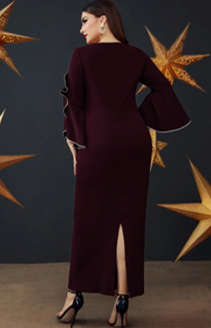 Contrast Binding Trumpet Sleeve Slit Back Dress  Burgundy/2XL