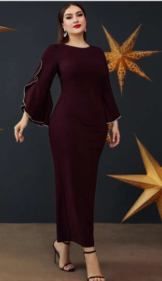 Contrast Binding Trumpet Sleeve Slit Back Dress  Burgundy/2XL