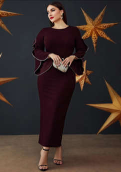 Contrast Binding Trumpet Sleeve Slit Back Dress  Burgundy/2XL