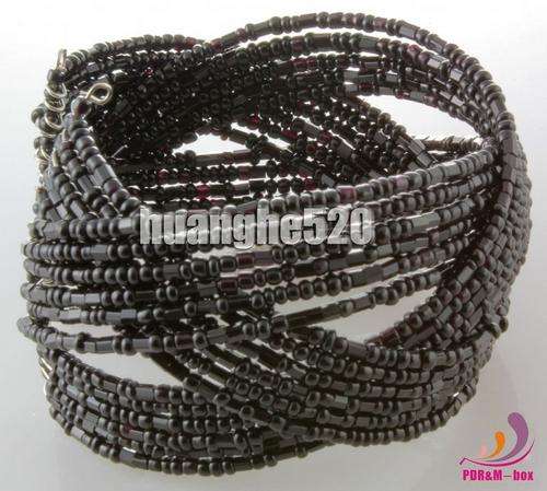 Charm Black Beads Open Ended Bangle Bracelet