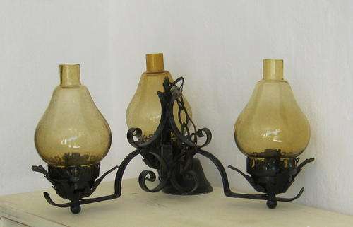 WROUGHT IRON CHANDELIER WITH GLASS SHADES