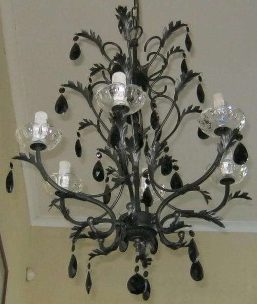 CRYSTAL CHANDELIER - WROUGHT IRON LOOK WITH DEEP RED CRYSTALS...STUNNING