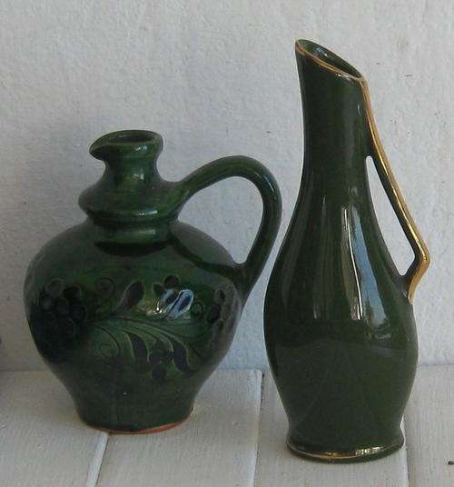 GREEN WITH GILT EDGED VASE & JAR MADE IN HUNGARY