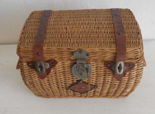 VINTAGE SEWING BASKET WITH LEATHER STRAPS