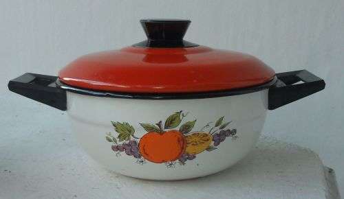 VINTAGE ENAMEL BOWL WITH FLOWERS & BRIGHT ORANGE LID