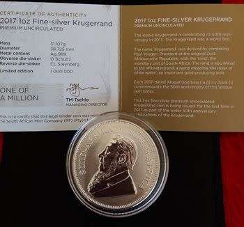 2017 1oz SILVER KRUGERRAND - PREMIUM UNCIRCULATED AND AUTHENTICATED