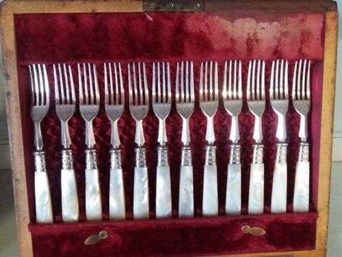 BOXED MOTHER OF PEARL & SILVER PLATED CUTLERY