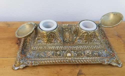 FABULOUS ART NOUVEAU DOUBLE INKWELL....COMPLETE AND MARKED