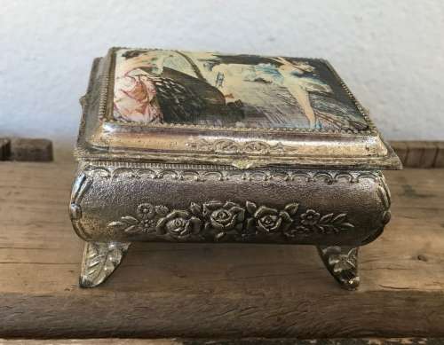 VINTAGE SILVER METAL WITH SILK TOP TRINKET BOX