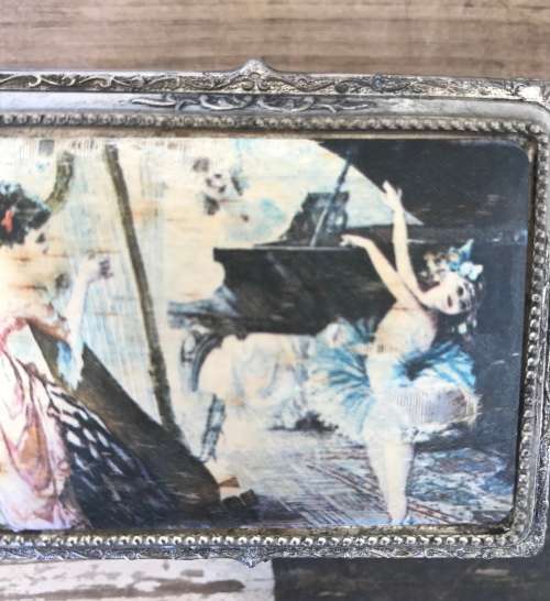 VINTAGE SILVER METAL WITH SILK TOP TRINKET BOX