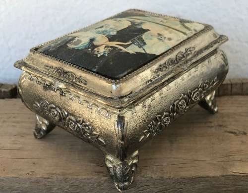 VINTAGE SILVER METAL WITH SILK TOP TRINKET BOX