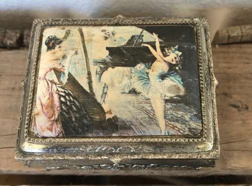 VINTAGE SILVER METAL WITH SILK TOP TRINKET BOX