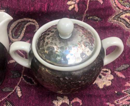 WMF BAUHAUS ART DECO SILVER PLATE OVER PORCELAIN SUGAR BASIN and MILK JUG