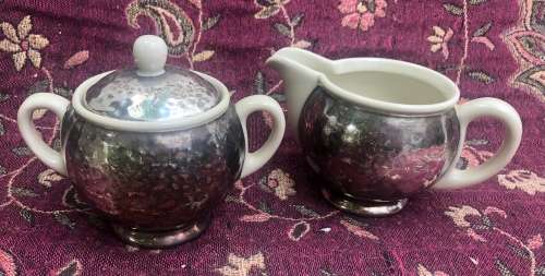 WMF BAUHAUS ART DECO SILVER PLATE OVER PORCELAIN SUGAR BASIN and MILK JUG