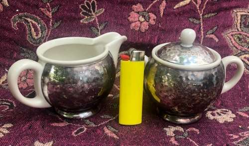 WMF BAUHAUS ART DECO SILVER PLATE OVER PORCELAIN SUGAR BASIN and MILK JUG