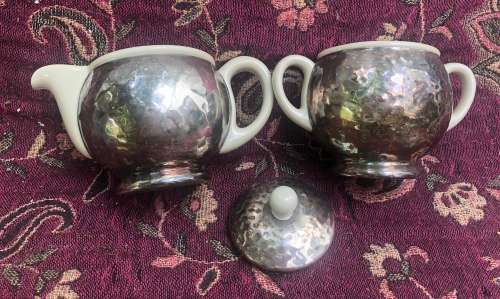 WMF BAUHAUS ART DECO SILVER PLATE OVER PORCELAIN SUGAR BASIN and MILK JUG