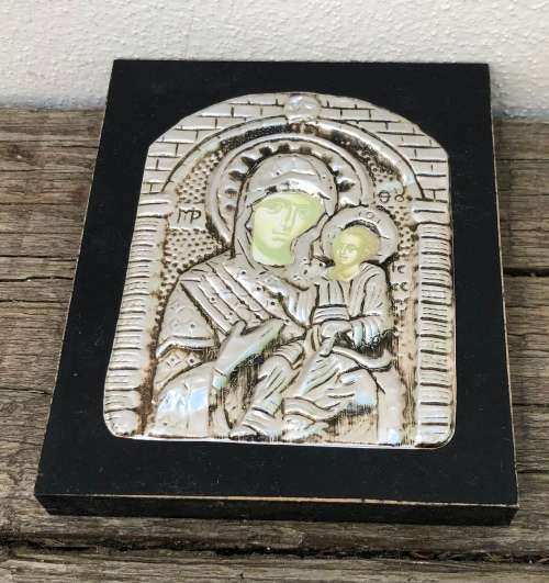 SILVER ICON MOUNTED ON WOOD...Russian orthodox church