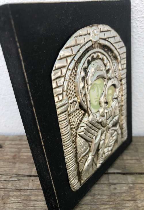 SILVER ICON MOUNTED ON WOOD...Russian orthodox church