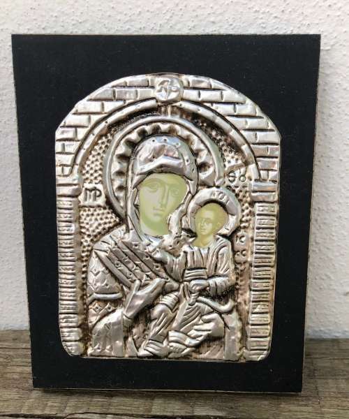 SILVER ICON MOUNTED ON WOOD...Russian orthodox church