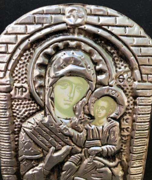 SILVER ICON MOUNTED ON WOOD...Russian orthodox church