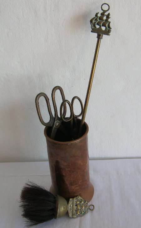 BRASS FIRE TONGS, FORK & COPPER CONTAINER