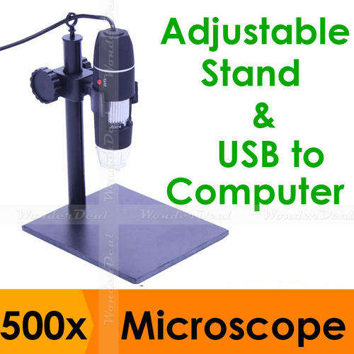 USB Digital 500x Zoom Microscope with 8 LEDs, Height Adjustable Stand