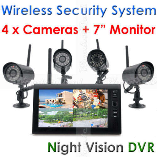 Wireless Security DVR System, 4x Indoor Wireless Cameras + 7 Inch Wireless Monitor with Built-in DVR