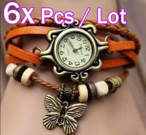6 Pcs/Lot (6 Watch) Fashion Classic Elegant Leather Strap Quartz Woman Watch Butterfly Pendant Rama