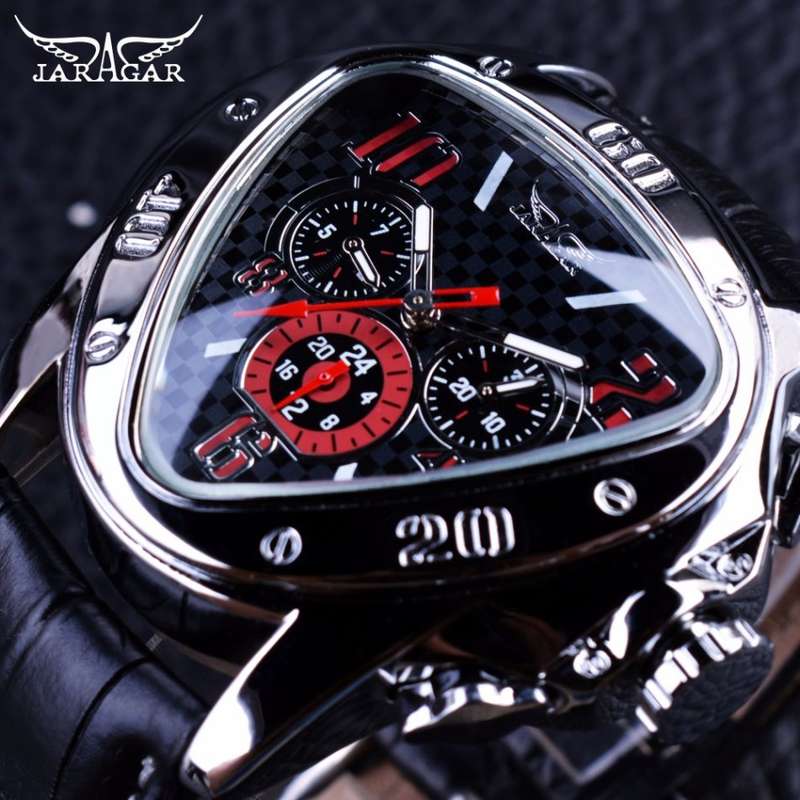 Jaragar Sport Racing Design Mens Automatic Mechanical Triangle Watches Genuine Leather Strap PML