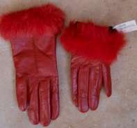 Red Leather Ladies Gloves with Bunny Fur Trim Size S