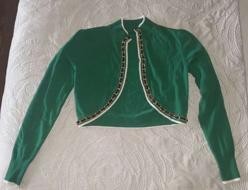 Bottle green cropped jersey with white, black and gold trimming