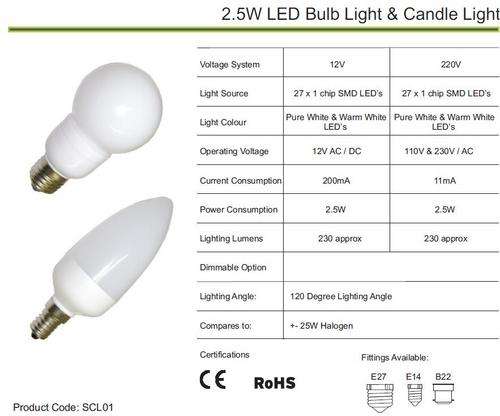 12V or 220V - SMD LED 2.5W bulb or candle