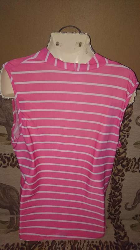 Cerise pink and white striped Front-cross Sleeveless Ladies Top Size 42