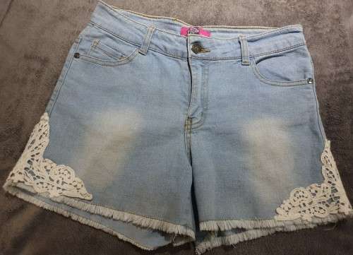 AS NEW!! Girls "Pink Angel" Denim Shorts with Lace-trimmings Age 13-14