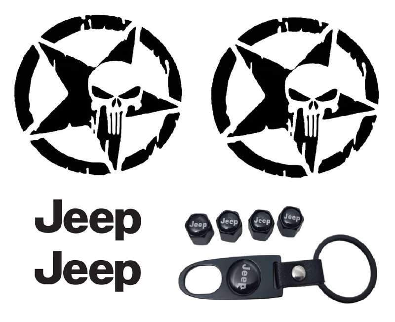 Jeep styling set: Metal Keychain and valve caps, door and fender stickers - Punisher