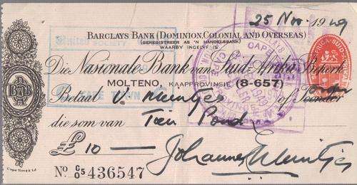 ~Signed by Johannes Meintjes~ Framed Cheque, 29 November 1949