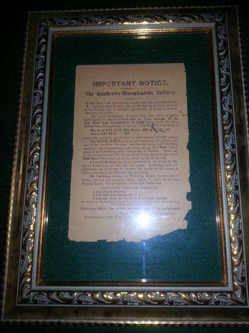 1895!! The Kimberley-Bloemfontein Railway Notice, Framed.
