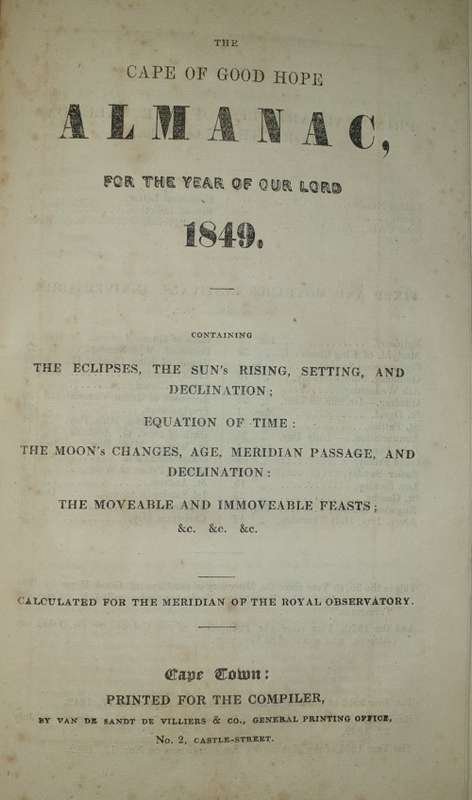* 1849 * The Cape of Good Hope Almanac.
