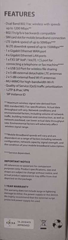 FIBRE/LTE Wi-Fi AC 1200 Dual Band Gigabit Router