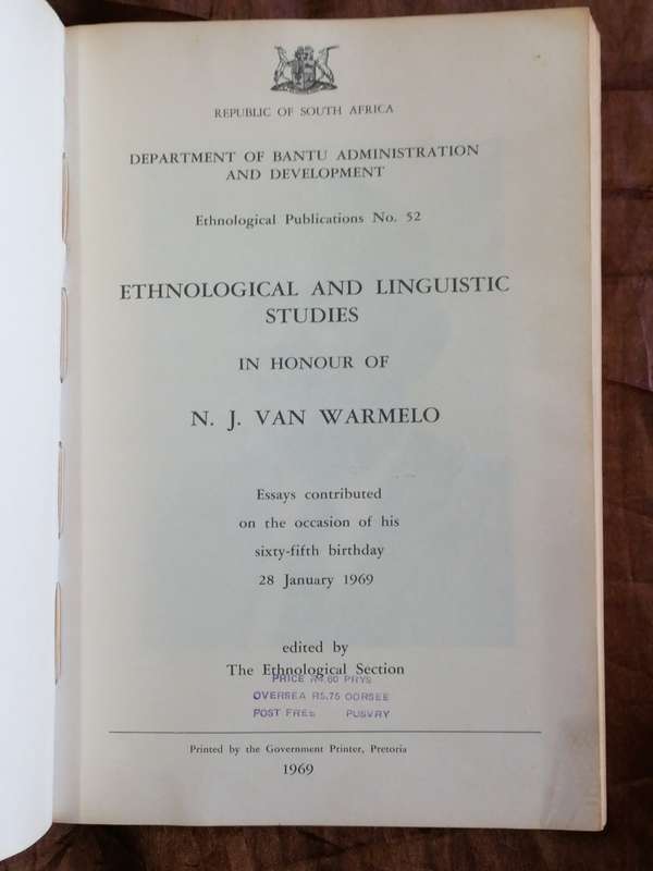 N.J. Van Warmelo. Ethnological and Linguistic Studies