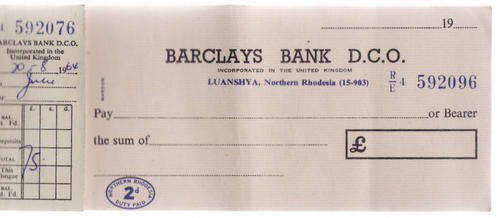 1964 CHEQUE BOOK, BARCLAYS BANK, LUANSHAYA, NORTHERN RHODES