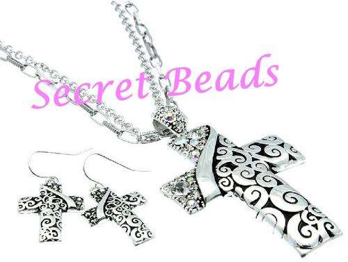 Antique Silver Cross Necklace & Earring Set - Clear Crystal Insets