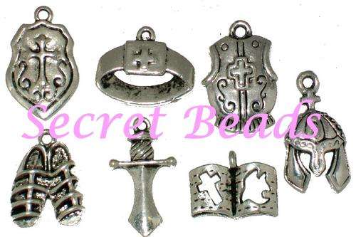 ** BULK BUY ** 10 Sets - Antique Silver Armour of God charm set - 7 charms per set